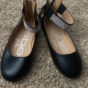 Bebe girls black flats with rhinestone detail and zipper back NWT
